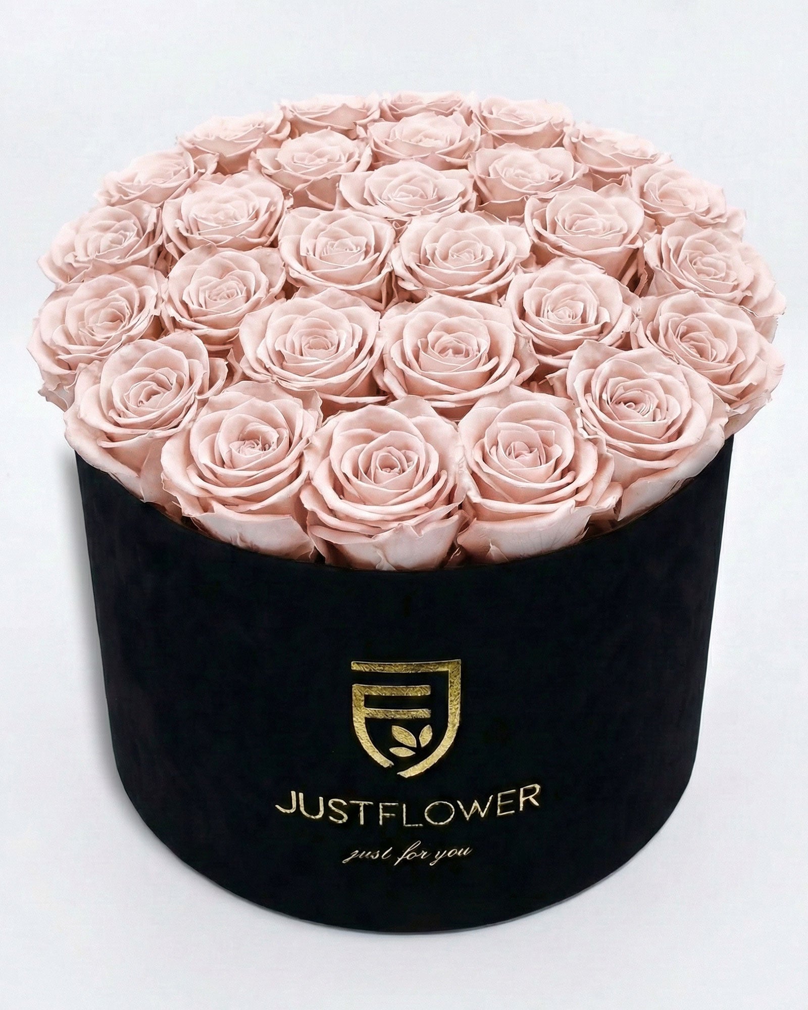 Rosenbox Rund XL Schwarz mit altrosa Infinity Rosen – Velvet Rosenbox JustFlower