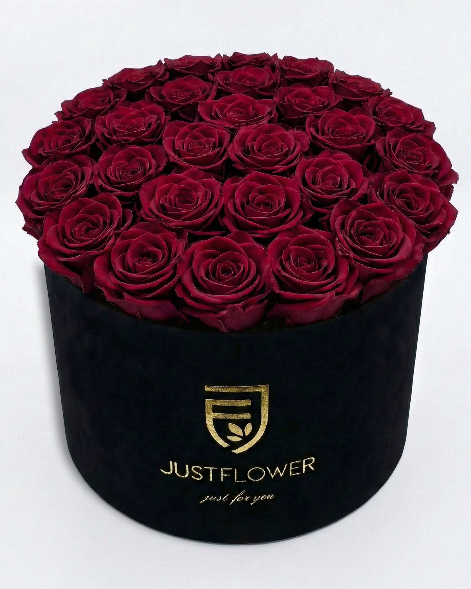 Rosenbox Rund XL Schwarz mit burgunder Infinity Rosen – Velvet Rosenbox JustFlower