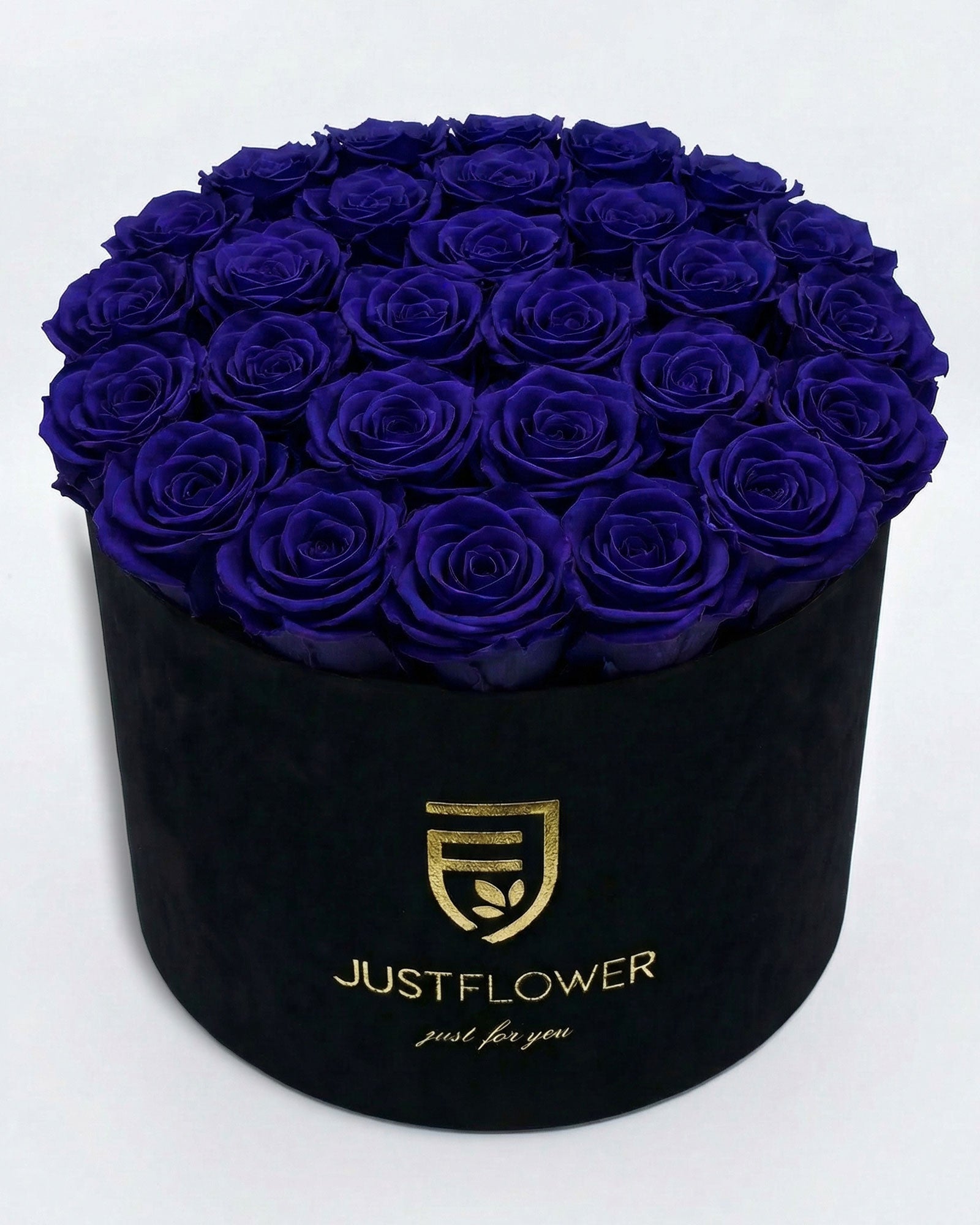 Rosenbox Rund XL Schwarz mit dunkelblauen Infinity Rosen – Velvet Rosenbox JustFlower