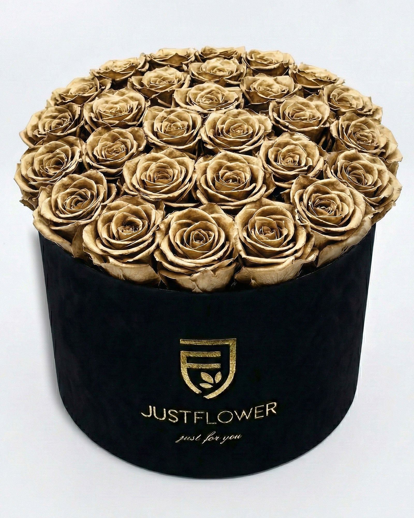 Rosenbox Rund XL Schwarz mit goldenen Infinity Rosen – Velvet Rosenbox JustFlower