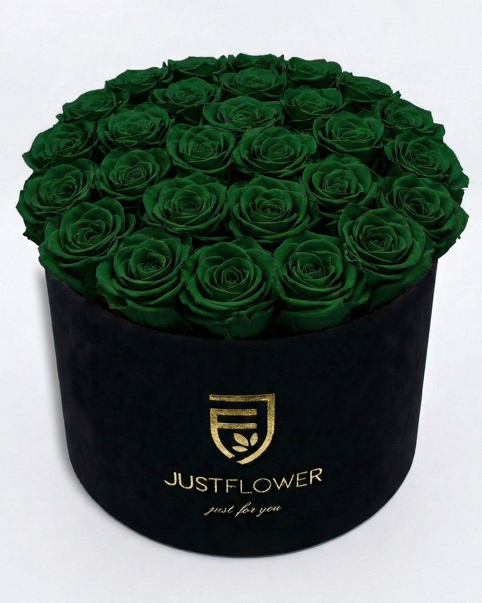 Rosenbox Rund XL Schwarz mit grünen Infinity Rosen – Velvet Rosenbox JustFlower