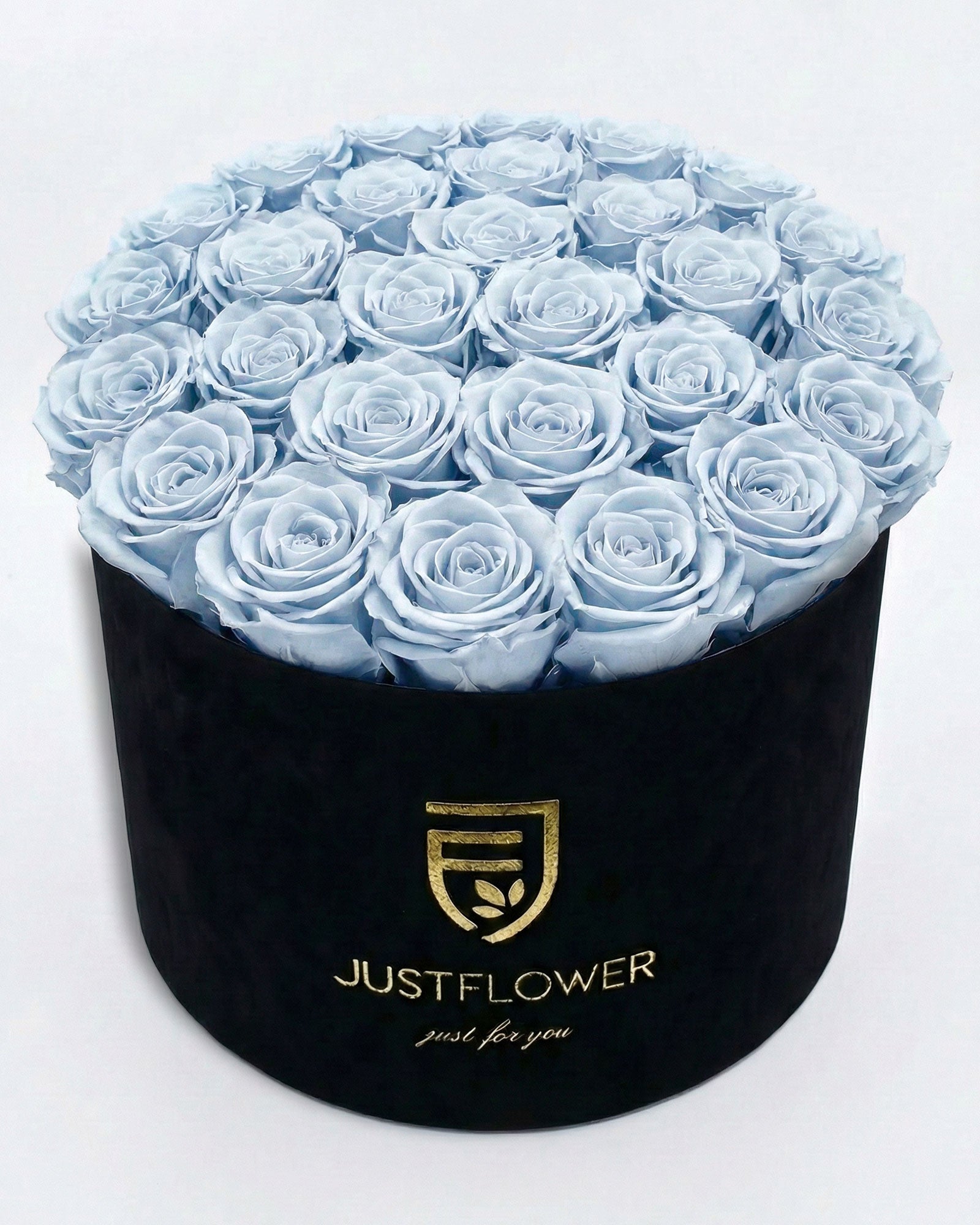 Rosenbox Rund XL Schwarz mit hellblauen Infinity Rosen – Velvet Rosenbox JustFlower