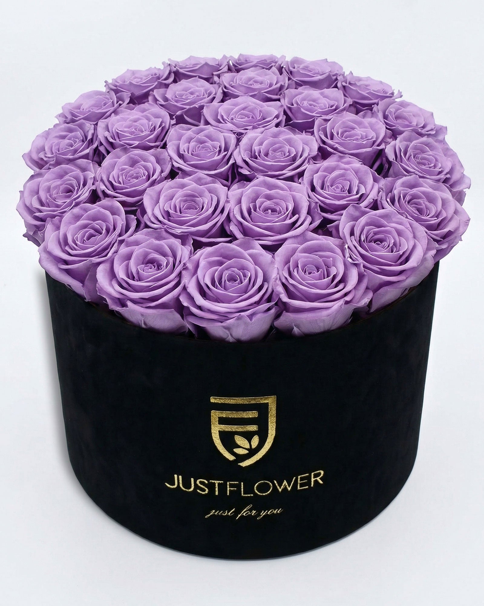 Rosenbox Rund XL Schwarz mit lila Infinity Rosen – Velvet Rosenbox JustFlower