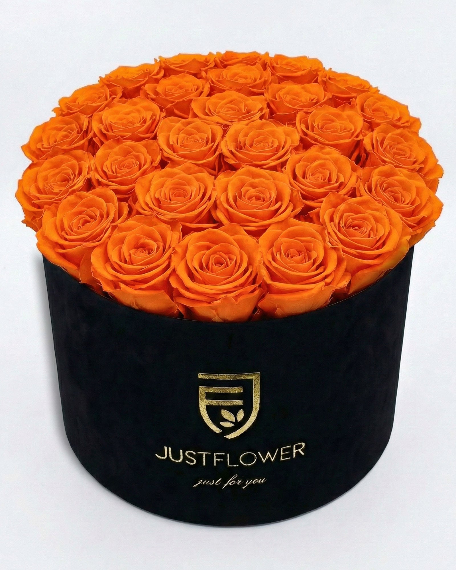Rosenbox Rund XL Schwarz mit orangen Infinity Rosen – Velvet Rosenbox JustFlower