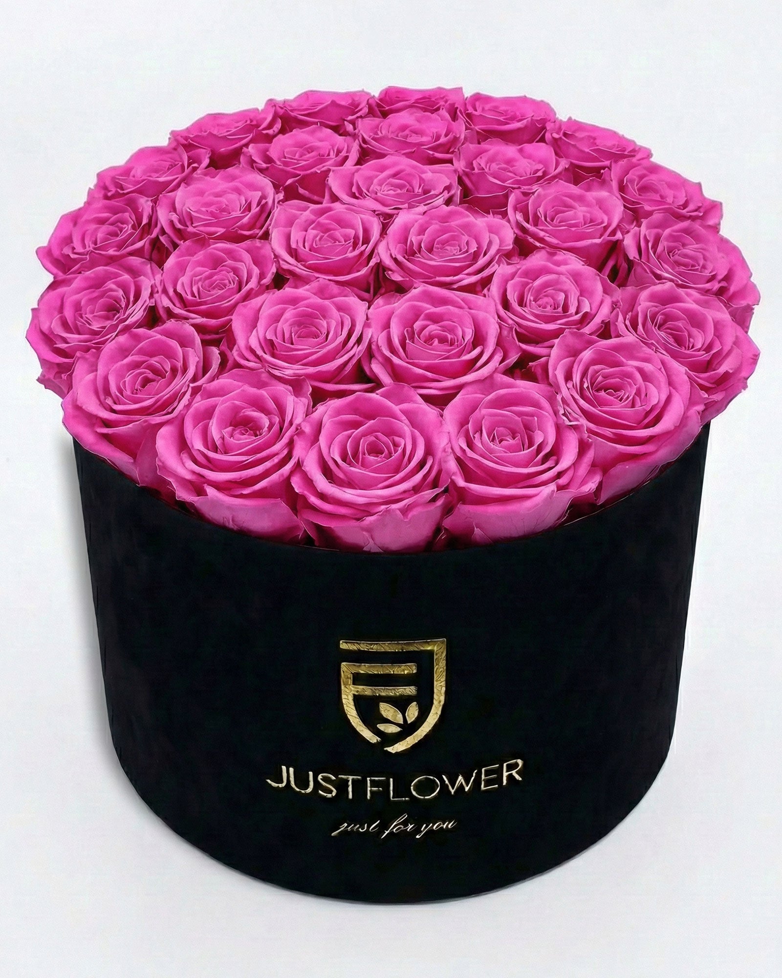 Rosenbox Rund XL Schwarz mit rosa Infinity Rosen – Velvet Rosenbox JustFlower