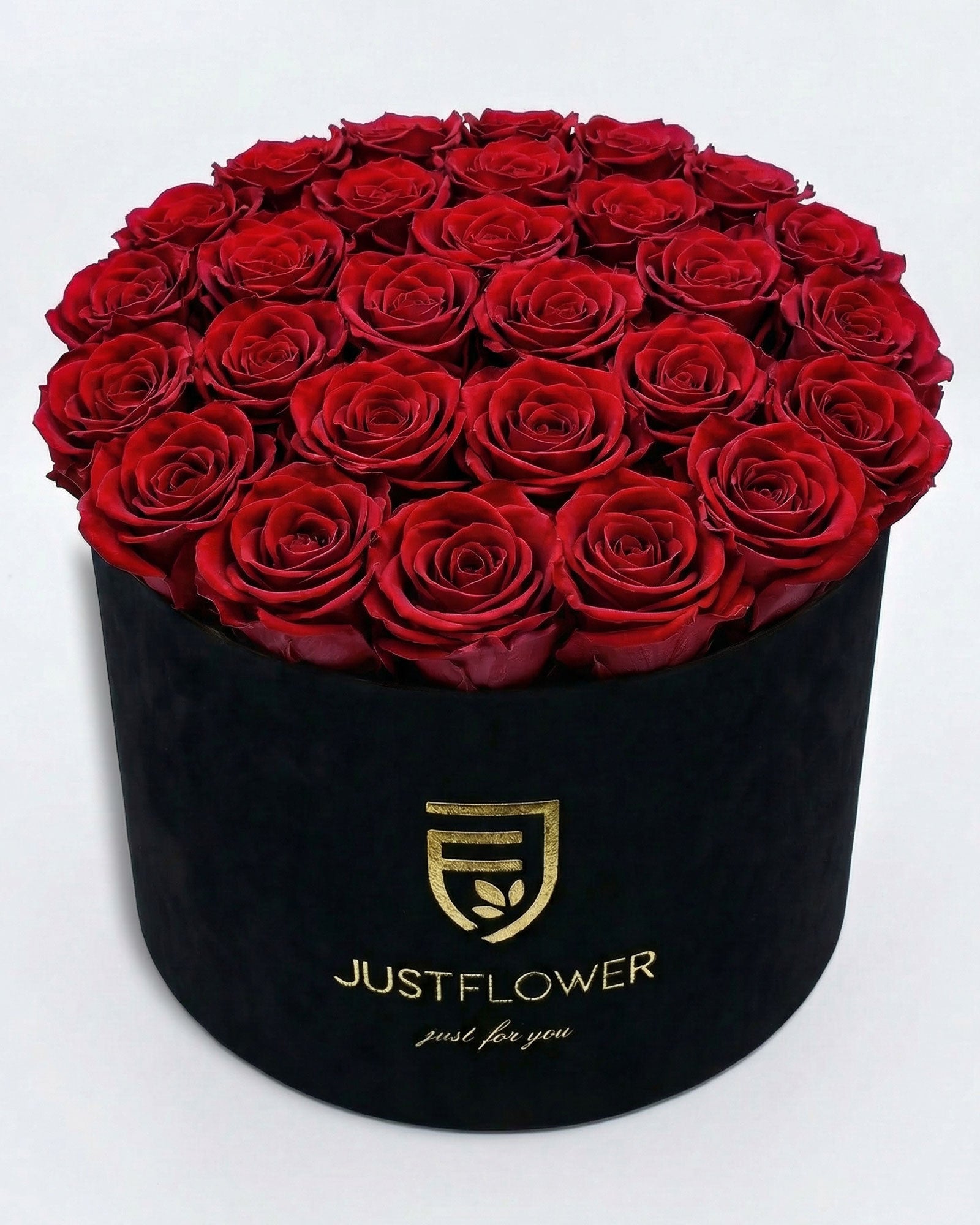 Rosenbox Rund XL Schwarz mit roten Infinity Rosen – Velvet Rosenbox JustFlower