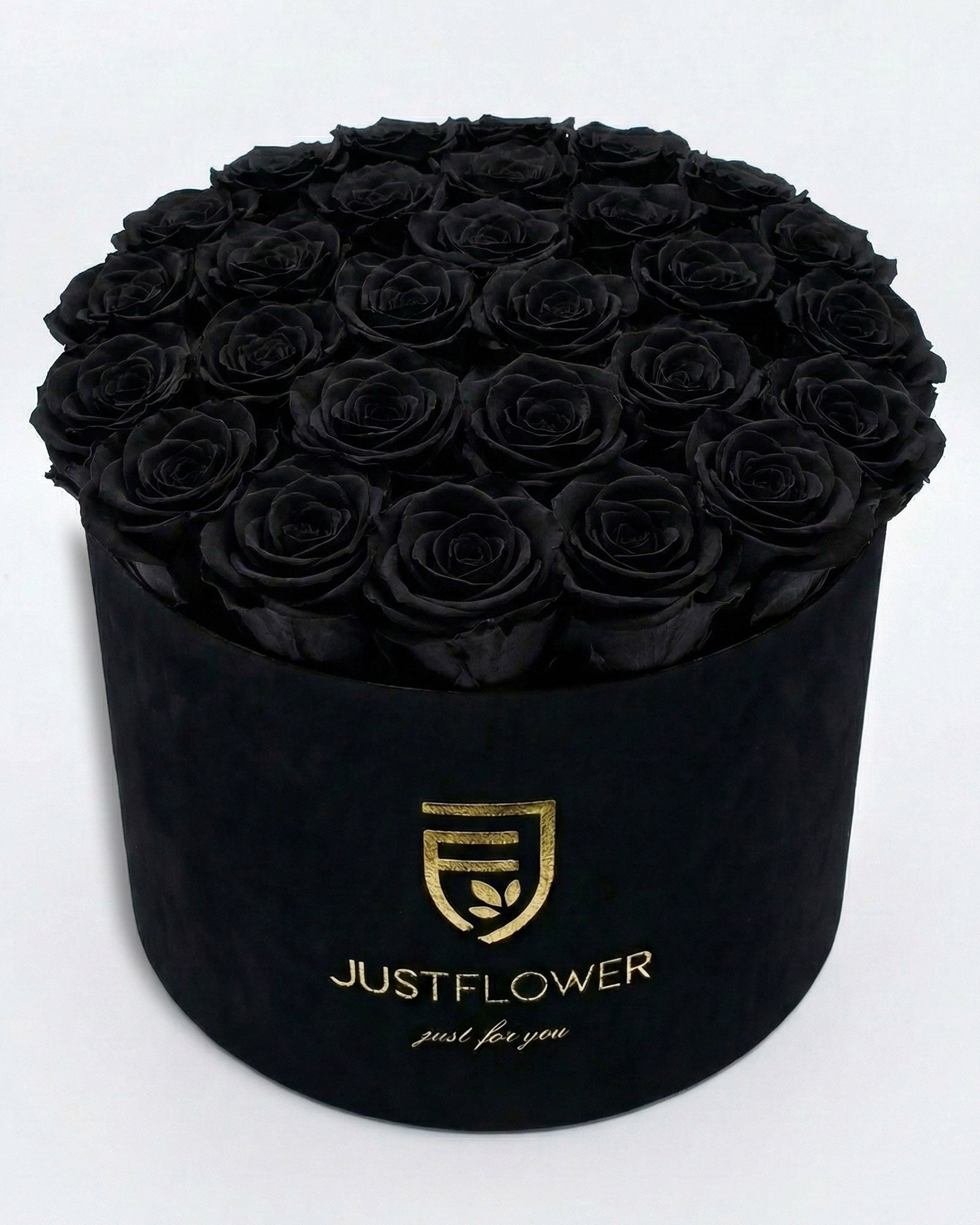 Rosenbox Rund XL Schwarz mit schwarzen Infinity Rosen – Velvet Rosenbox JustFlower