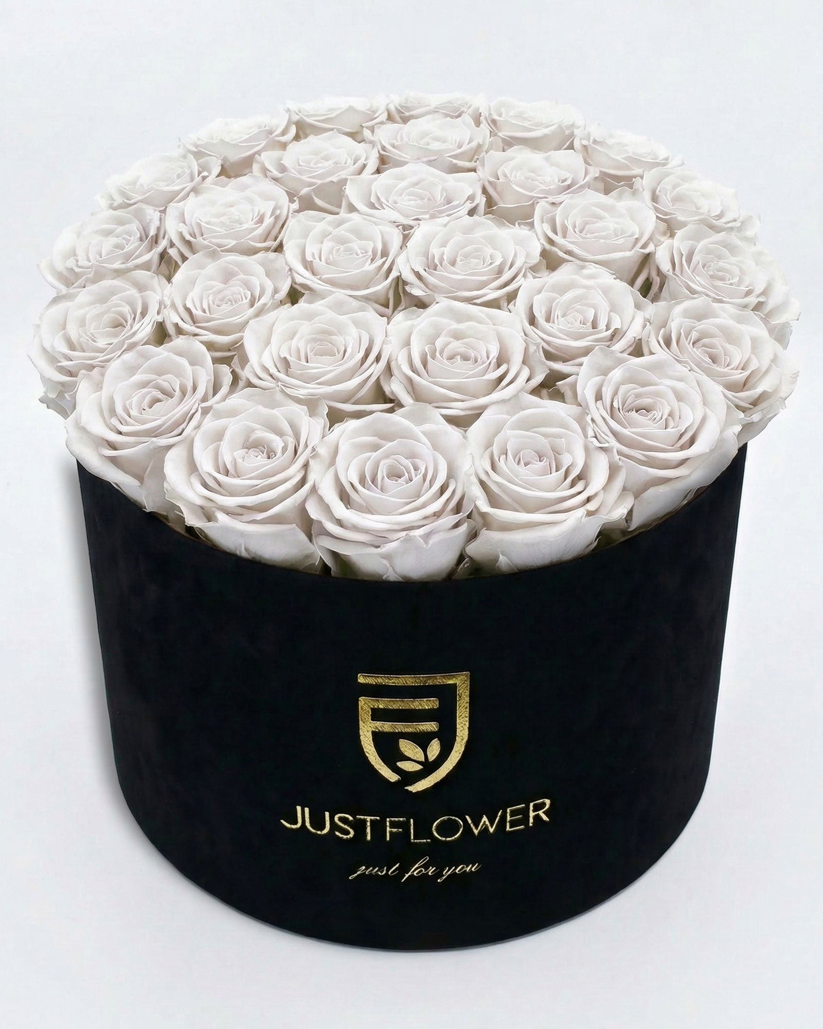 Rosenbox Rund XL Schwarz mit weissen Infinity Rosen – Velvet Rosenbox JustFlower