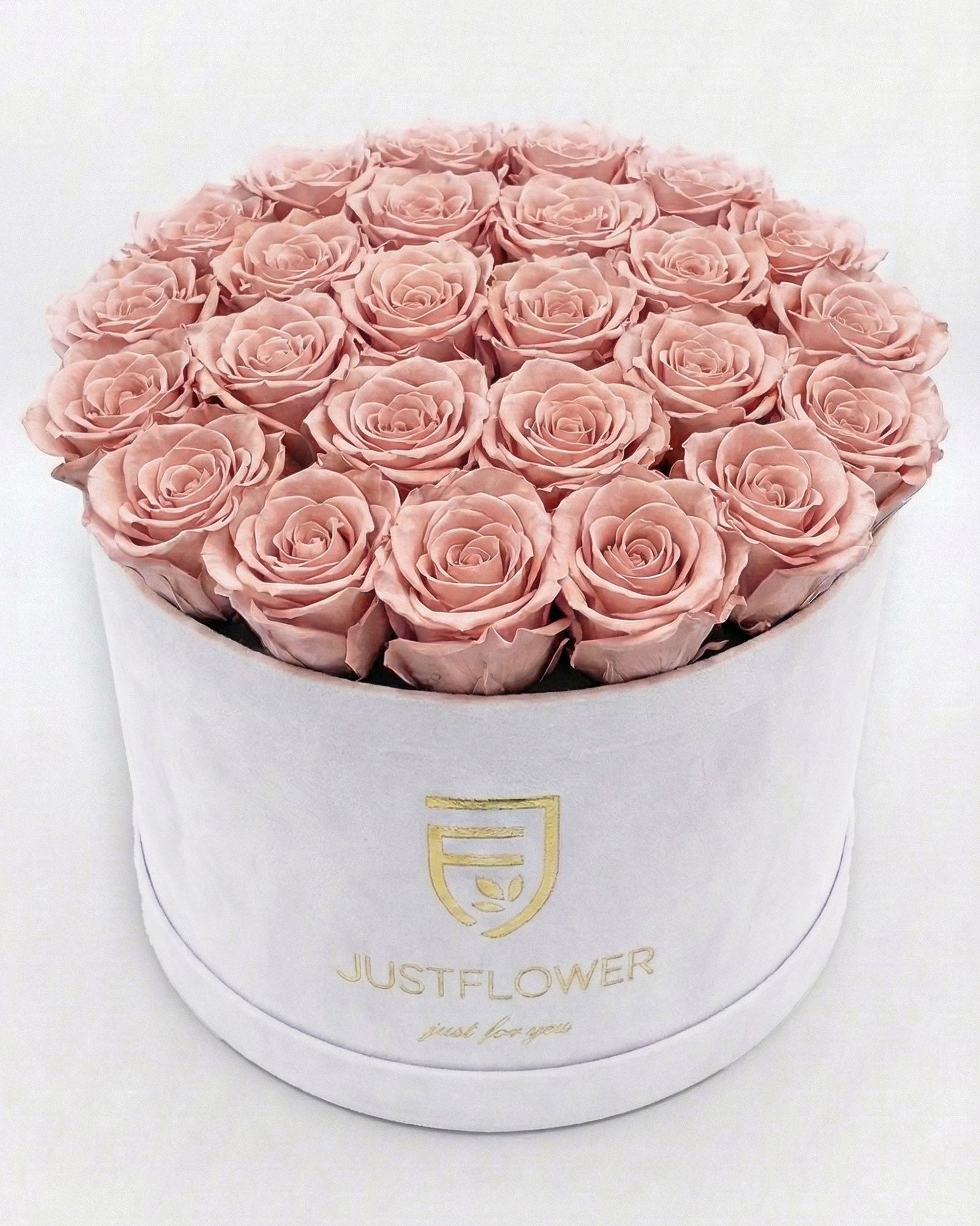 osenbox Rund XL in Weiss mit altrosa Infinity Rosen – luxuriöse Rosenbox im Vintage Stil kaufen.