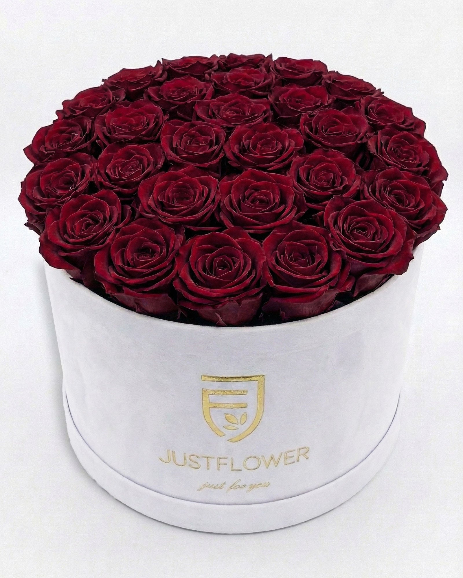 Rosenbox Rund XL in Weiss mit burgundfarbenen Infinity Rosen – romantische Rosenbox hochwertig und langlebig.