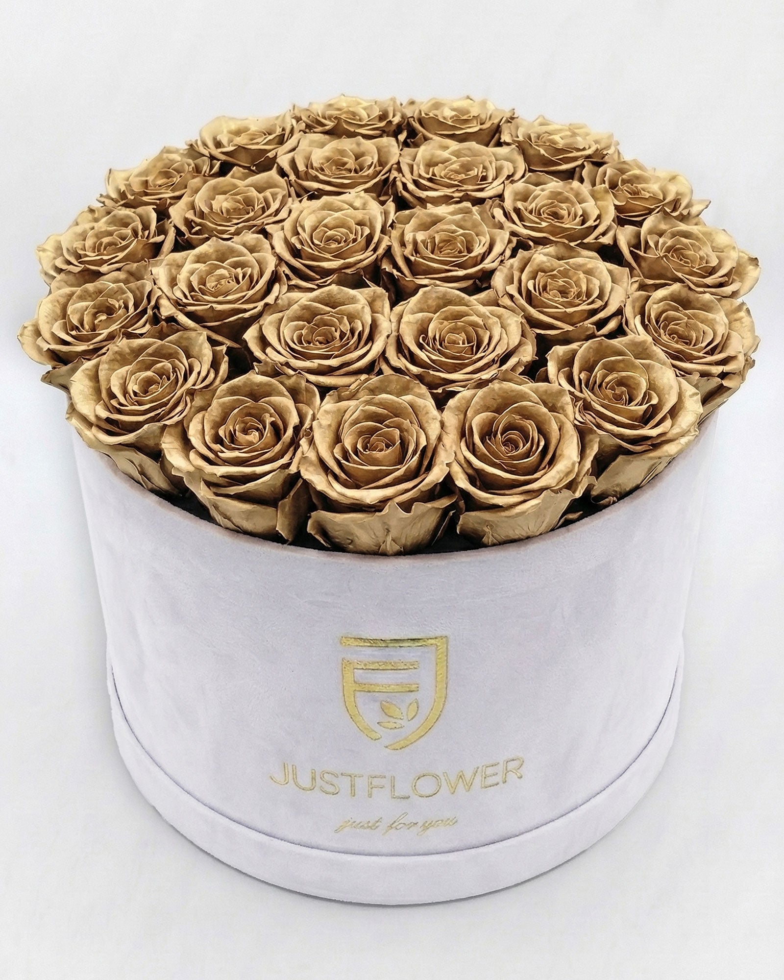 Rosenbox Rund XL in Weiss mit goldfarbenen Infinity Rosen – luxuriöse Rosenbox mit exklusivem Design.