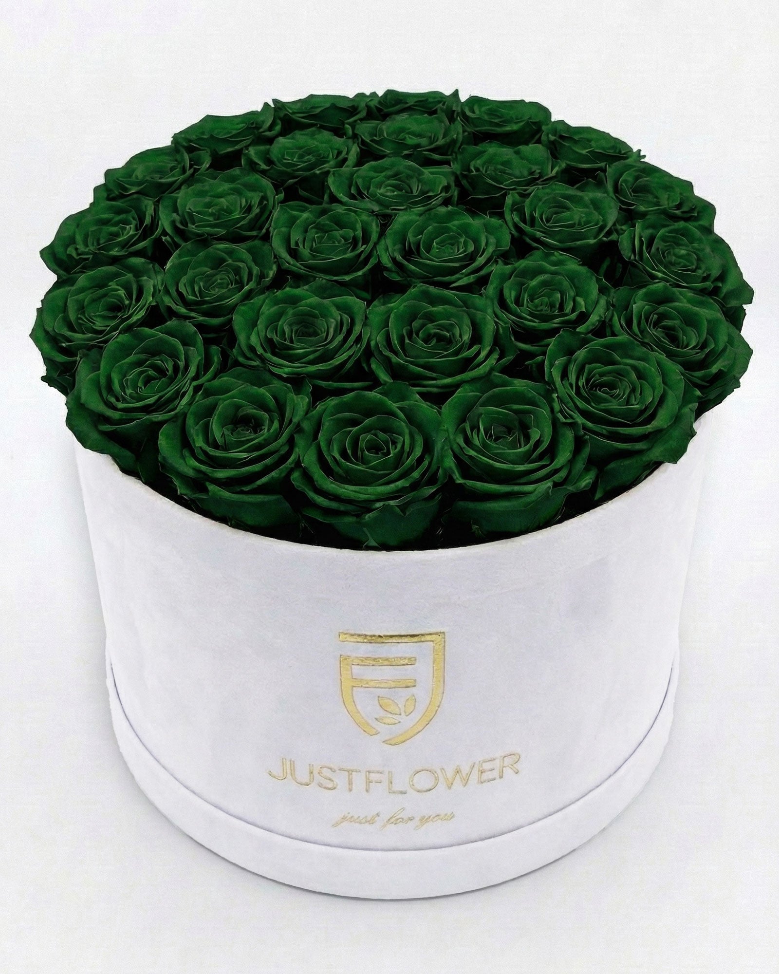 Rosenbox Rund XL in Weiss mit grünen Infinity Rosen – kreative Rosenbox für individuelle Geschenkideen.