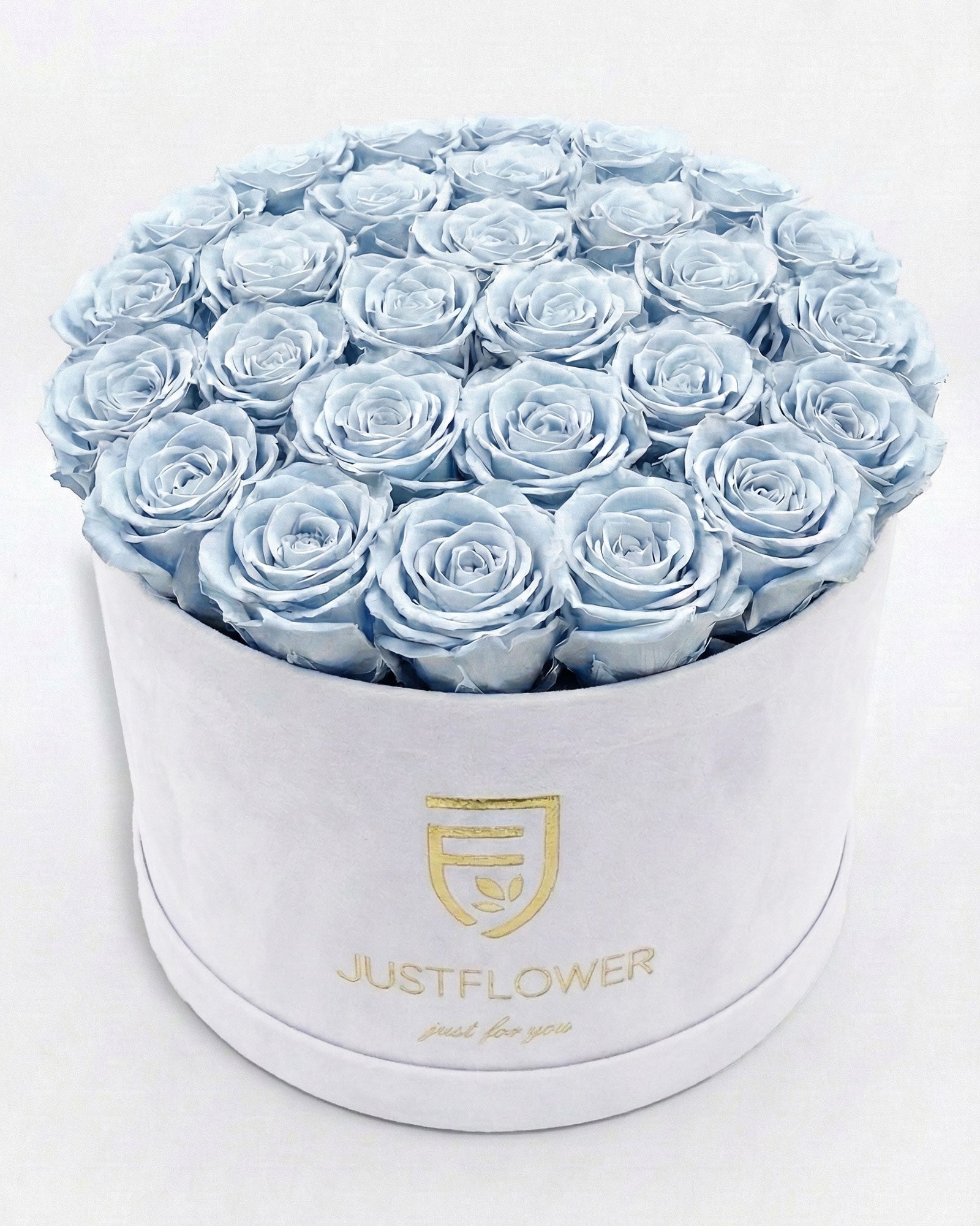Rosenbox Rund XL in Weiss mit hellblauen Infinity Rosen – ausgefallene Rosenbox für besondere Geschenke.