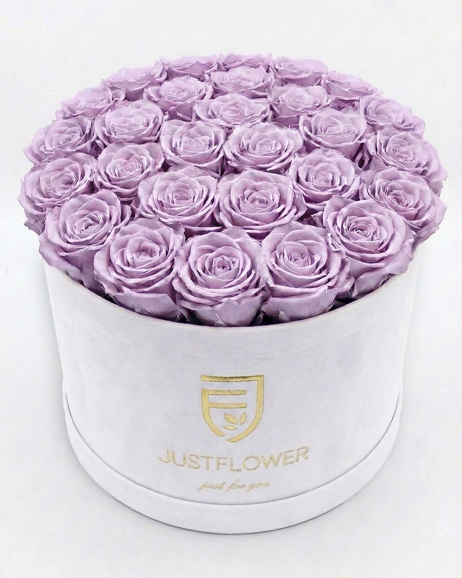 Rosenbox Rund XL in Weiss mit lila Infinity Rosen – moderne Rosenbox in einzigartiger Farbkombination.