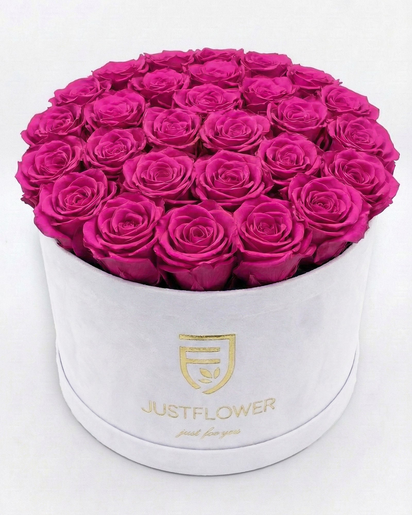 Rosenbox Rund XL in Weiss mit rosa Infinity Rosen – stilvolle Rosenbox als Geschenkidee für Frauen.