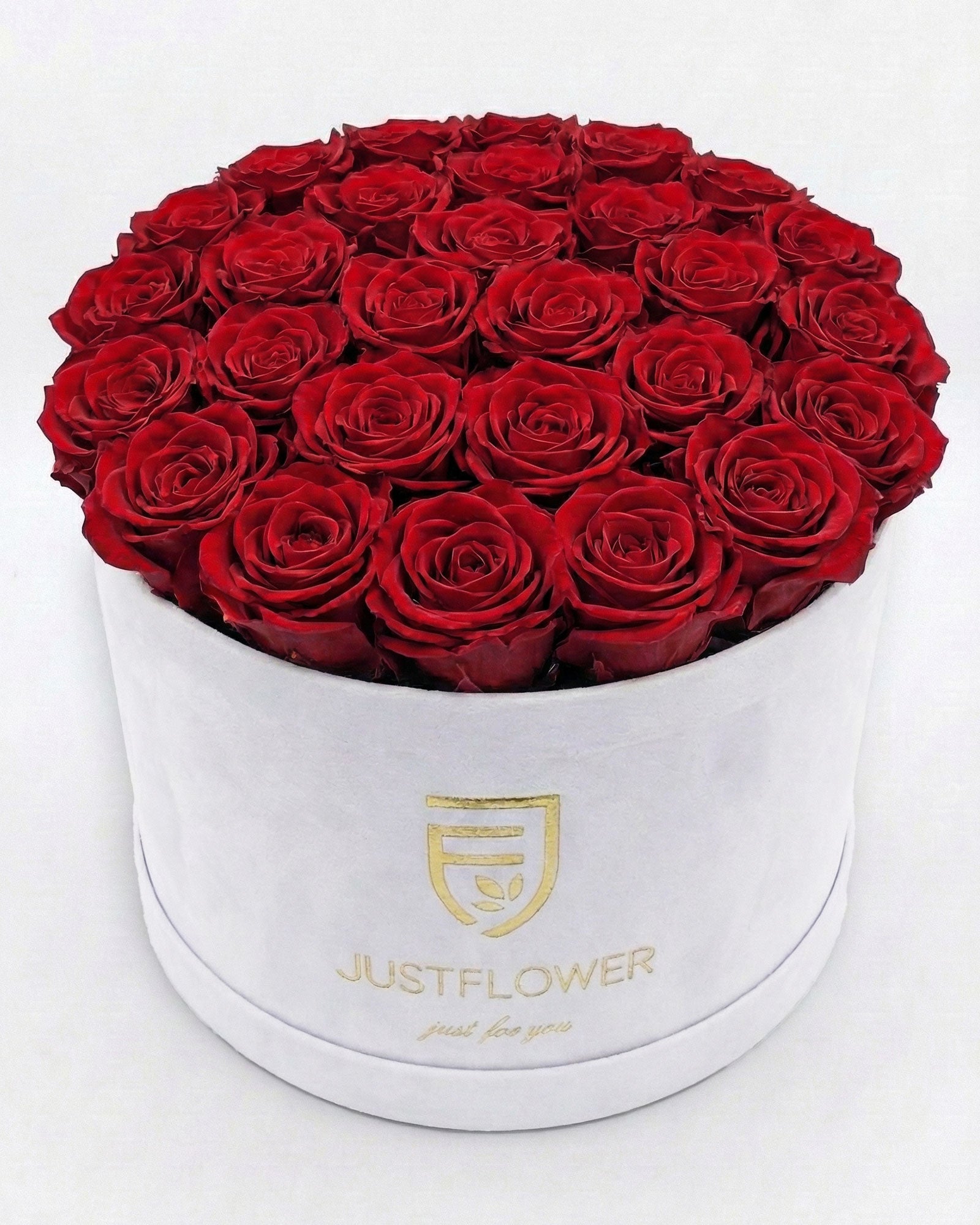 Rosenbox Rund XL in Weiss mit roten Infinity Rosen – elegante Rosenbox als Geschenk in der Schweiz kaufen.