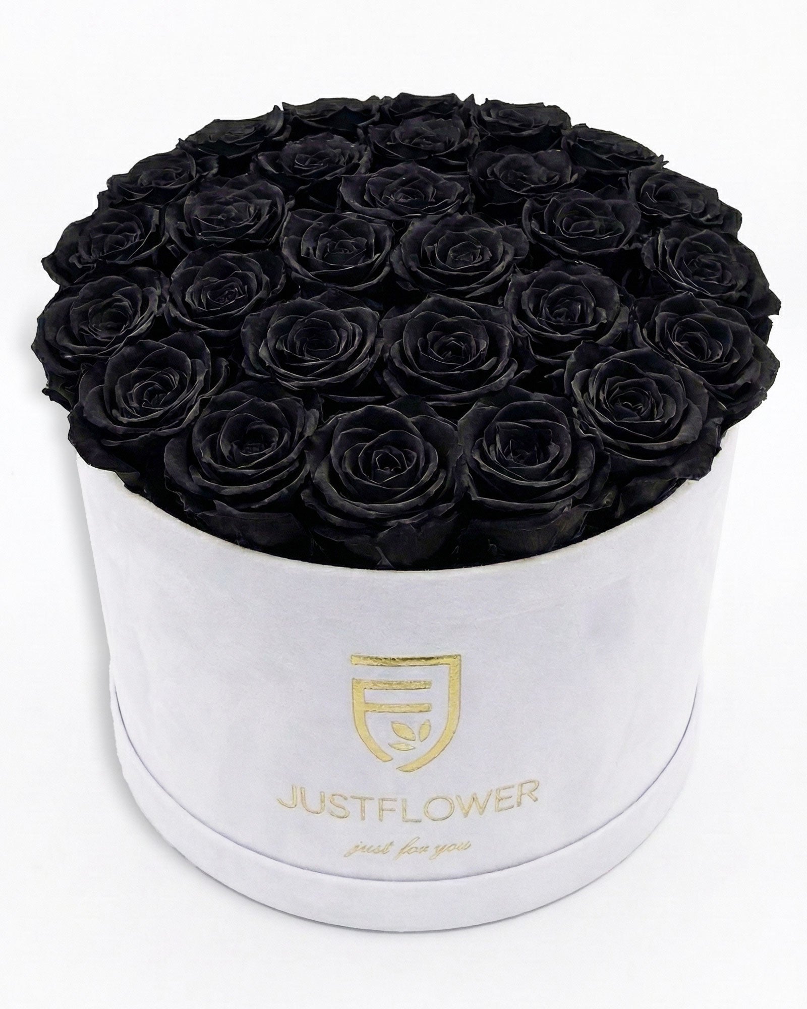 Rosenbox Rund XL in Weiss mit schwarzen Infinity Rosen – luxuriöse Rosenbox modern und stilvoll.