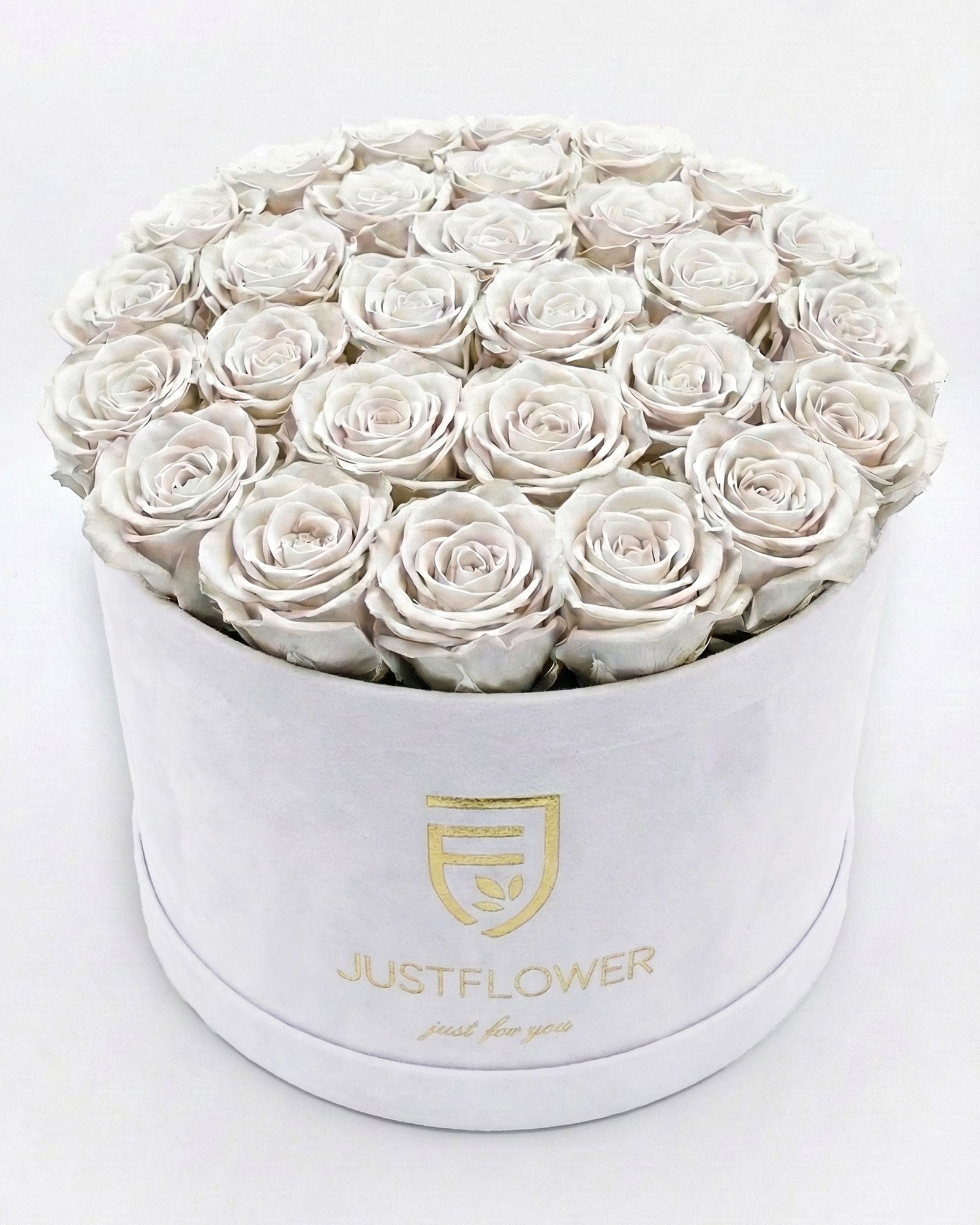 Rosenbox Rund XL in Weiss mit weissen Infinity Rosen – edle Rosenbox für Hochzeit und besondere Anlässe.