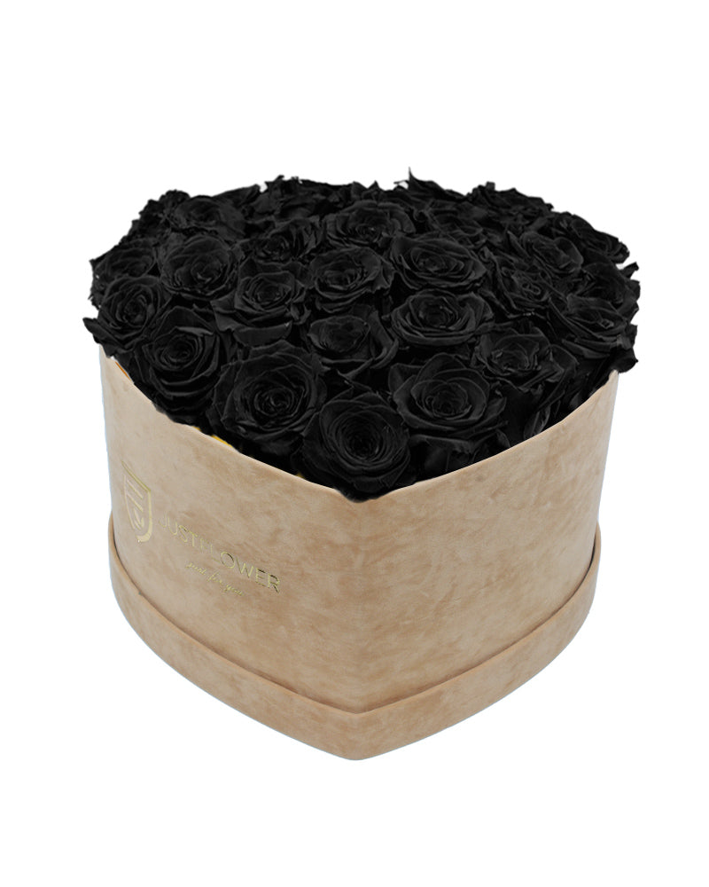 Rosenbox mit Infinity Rosen in Schwarz – Ein elegantes Rosenbox Herz aus konservierten schwarzen Rosen, das für Raffinesse und zeitlose Eleganz steht. Perfekt für besondere Momente oder als luxuriöses, ausgefallenes Geschenk. Holen Sie sich diese exklusive Rosenbox bei JustFlower.ch.