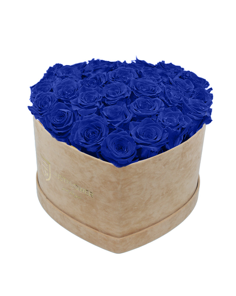 Rosenbox mit Infinity Rosen in Dunkelblau – Ein elegantes Rosenbox Herz aus konservierten dunkelblauen Rosen, das für Tiefe und Luxus steht. Ideal für besondere Anlässe oder als stilvolles Geschenk. Holen Sie sich diese außergewöhnliche Rosenbox bei JustFlower.ch.