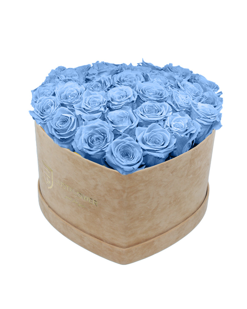 Rosenbox mit Infinity Rosen in Hellblau – Ein elegantes Rosenbox Herz aus konservierten hellblauen Rosen, das für Ruhe und Frische steht. Ideal für besondere Anlässe oder als luxuriöses Geschenk für den besonderen Moment. Holen Sie sich diese elegante Rosenbox bei JustFlower.ch.