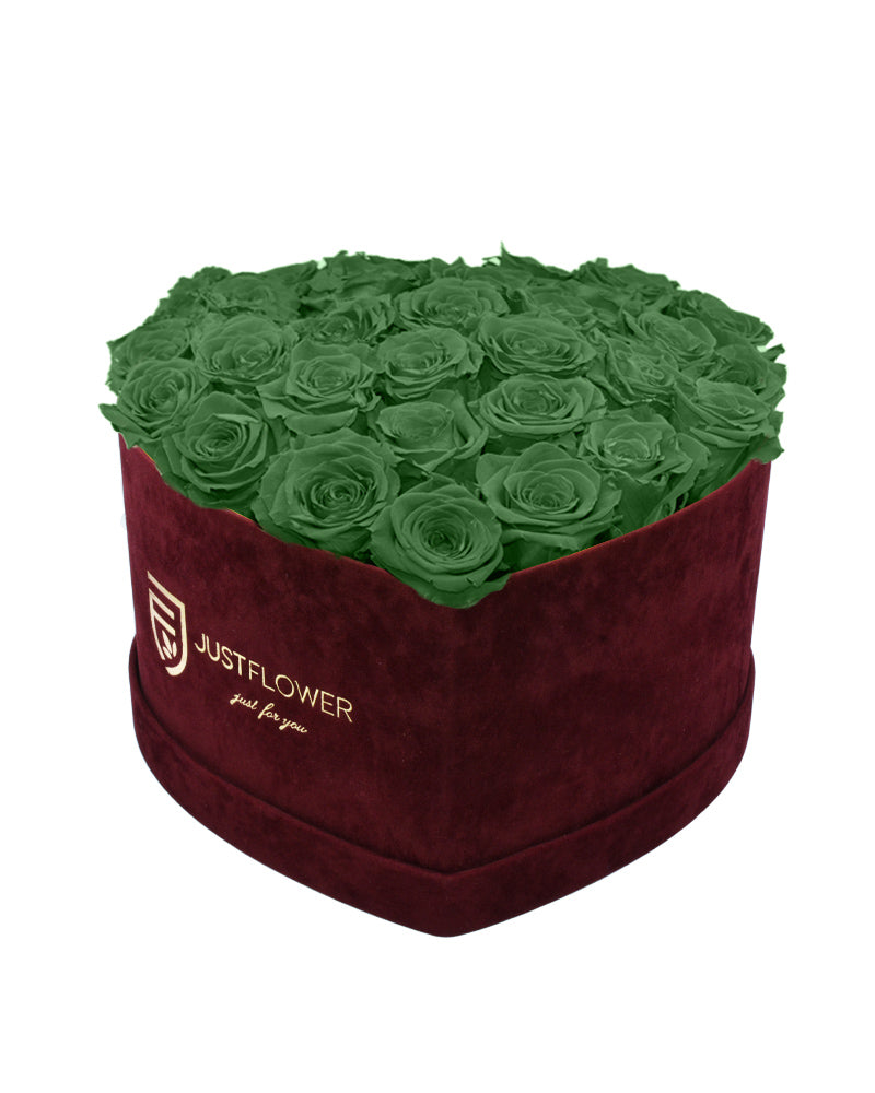 Rosenbox mit Infinity Rosen in Grün – Ein einzigartiges Rosenbox Herz aus konservierten grünen Rosen, das Frische und Erneuerung symbolisiert. Perfekt für naturverbundene Anlässe oder als exklusives, außergewöhnliches Geschenk. Holen Sie sich diese edle Rosenbox bei JustFlower.ch.