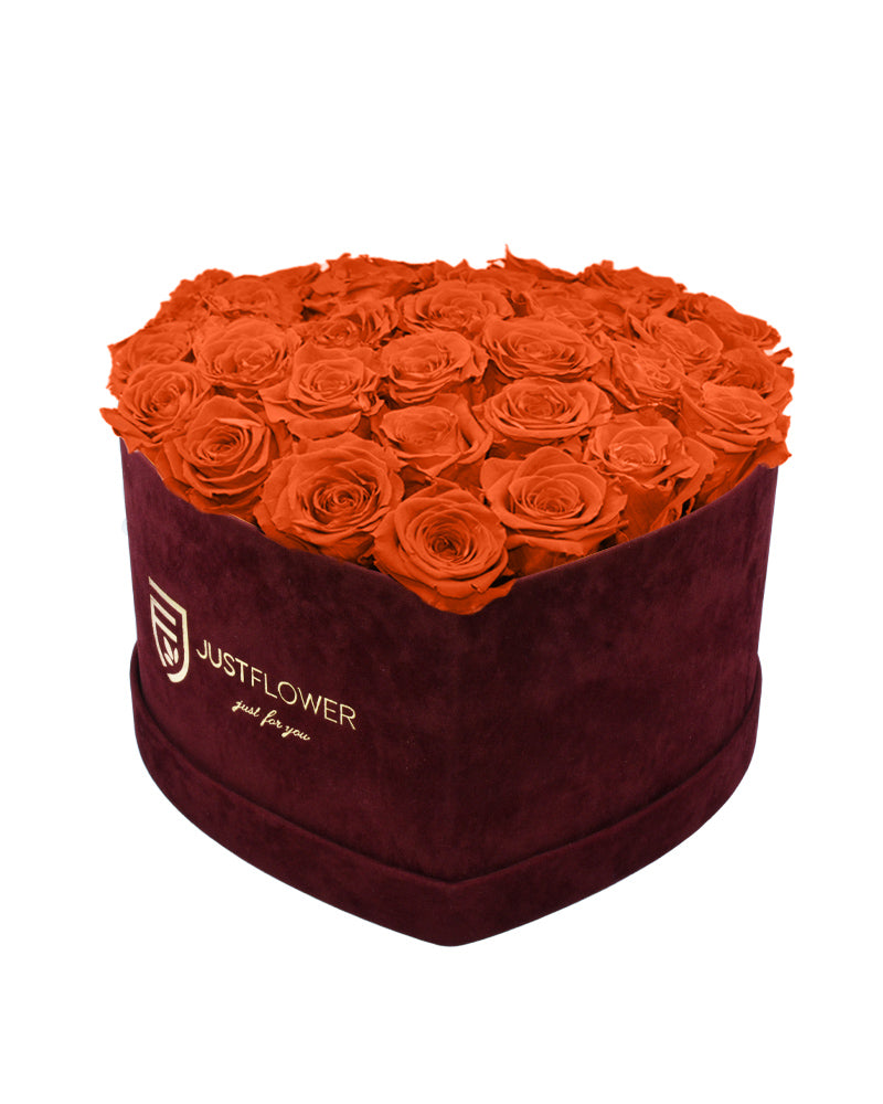 Rosenbox mit Infinity Rosen in Orange – Ein lebendiges Herz aus konservierten orangen Rosen, das für Wärme und Energie steht. Perfekt für festliche Anlässe oder als ausgefallenes, luxuriöses Geschenk. Holen Sie sich diese energiegeladene Rosenbox bei JustFlower.ch.