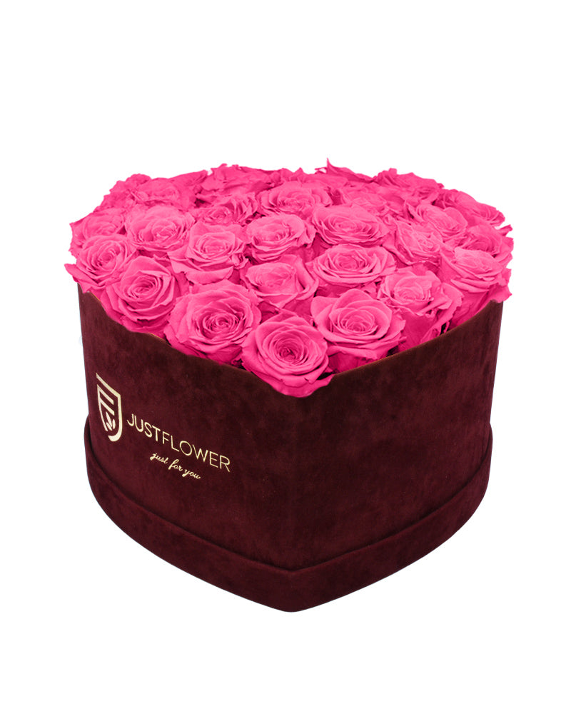 Rosenbox mit Infinity Rosen in Pink – Ein lebendiges Herz aus konservierten pinken Rosen, das für Freude und Lebendigkeit steht. Ideal für fröhliche Anlässe oder als auffälliges, luxuriöses Geschenk. Holen Sie sich diese farbenfrohe Rosenbox bei JustFlower.ch.