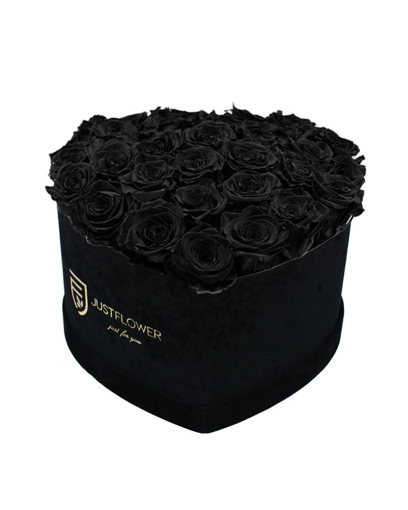 Rosenbox mit Infinity Rosen in Schwarz – Ein elegantes Rosenbox Herz aus konservierten schwarzen Rosen, das für Raffinesse und zeitlose Eleganz steht. Perfekt für besondere Anlässe oder als luxuriöses, ausgefallenes Geschenk. Holen Sie sich diese edle Rosenbox bei JustFlower.ch.