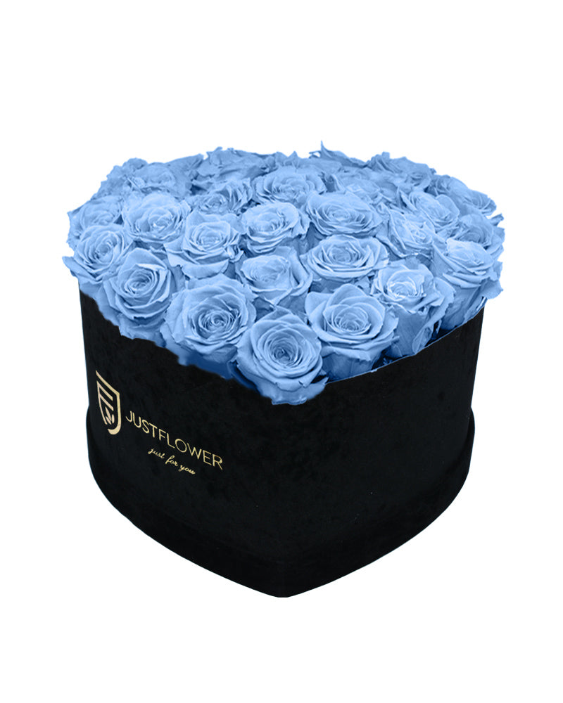 Rosenbox mit Infinity Rosen in Hellblau – Ein Herz aus konservierten hellblauen Rosen, das Frische und Eleganz ausstrahlt. Ideal für besondere Anlässe oder als außergewöhnliches Geschenk, um jemandem eine Freude zu bereiten. Entdecken Sie diese zarte Schönheit bei JustFlower.ch.