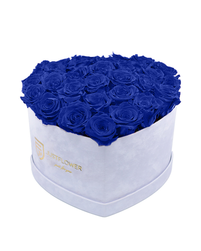 Rosenbox mit Infinity Rosen in Dunkelblau – Diese luxuriöse Rosenbox in Herzform enthält konservierte dunkelblaue Rosen, die Eleganz und Stil ausstrahlen. Ideal als edles Geschenk für besondere Anlässe. Holen Sie sich diese exquisite Box bei JustFlower.ch.