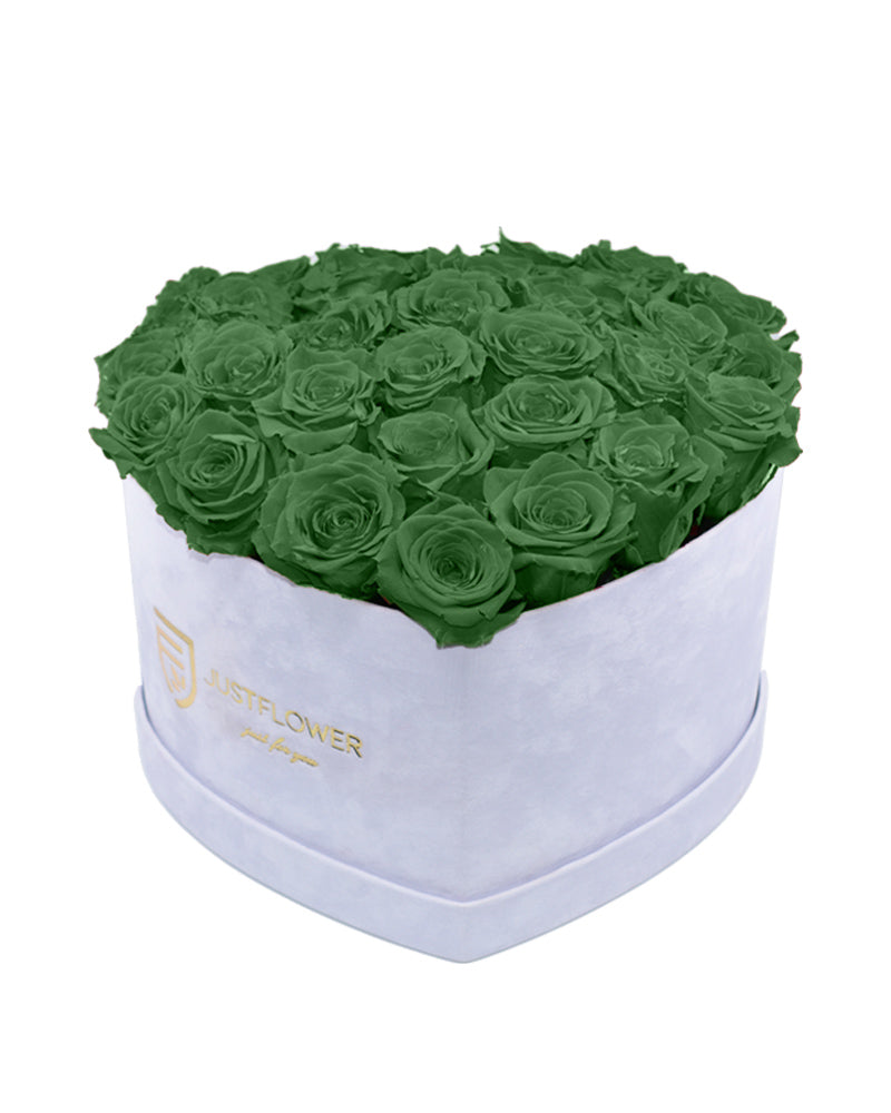 Rosenbox mit Infinity Rosen in Grün – Diese Rosenbox in Herzform enthält konservierte grüne Rosen, die eine frische und einzigartige Note verleihen. Perfekt als außergewöhnliches Geschenk für besondere Anlässe. Holen Sie sich diese ewige Rosen bei JustFlower.ch.