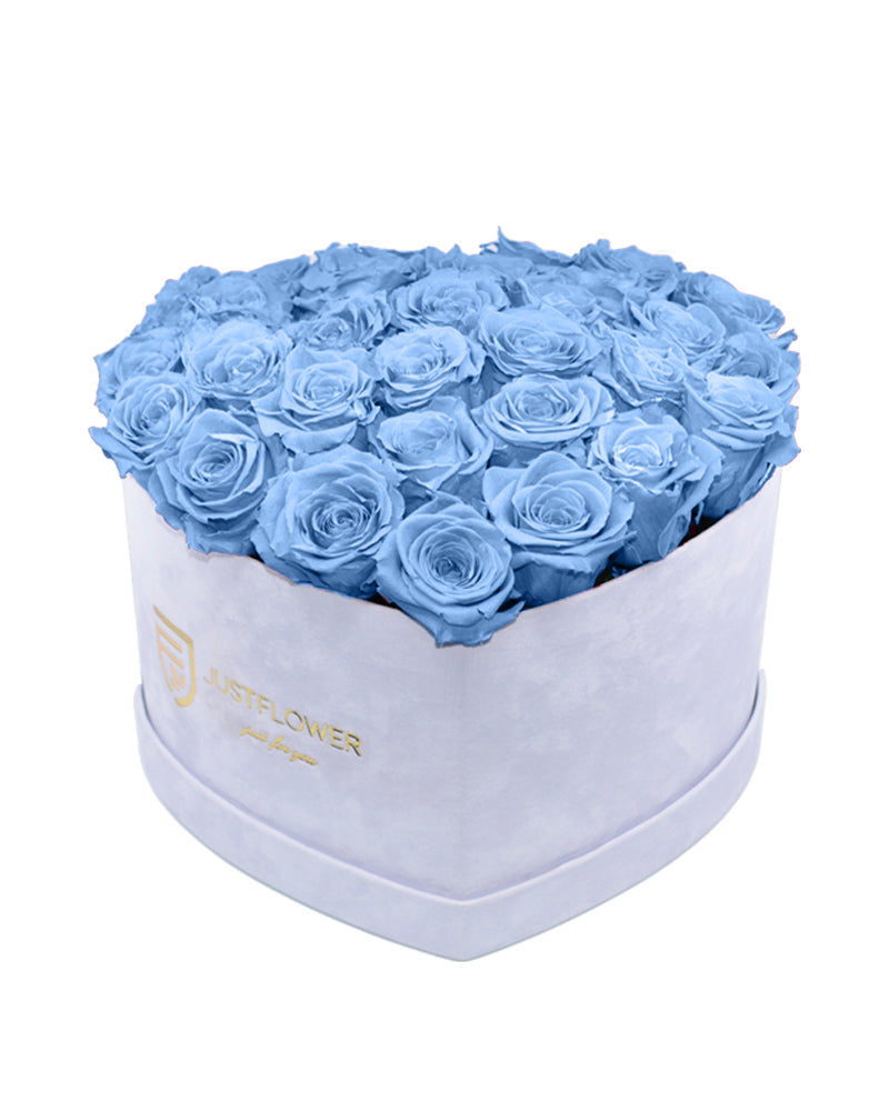 Rosenbox mit Infinity Rosen in Hellblau – Diese exquisite Rosenbox in Herzform enthält konservierte hellblaue Rosen, die für eine romantische Atmosphäre sorgen. Ideal für besondere Momente und als außergewöhnliches Geschenk bei JustFlower.ch.