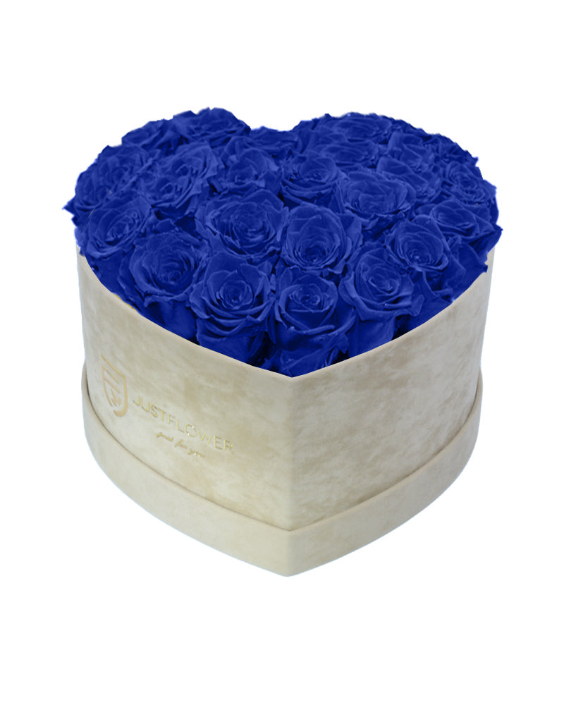 Rosenbox Herz mit Infinity Rosen in Dunkelblau – Diese stilvolle Rosenbox enthält ewige Rosen in einem tiefen Blauton. Perfekt für elegante Dekorationen oder als außergewöhnliches Geschenk. Bestellen, verschenken oder kaufen Sie diese edle Rosenbox bei JustFlower.ch.