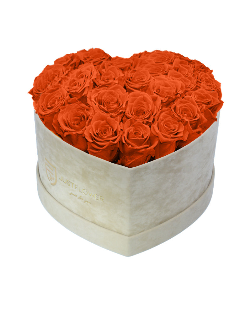 Rosenbox Herz mit Infinity Rosen in Orange – Diese elegante Rosenbox enthält konservierte, ewige Rosen in einem lebhaften Orange, das Energie und Lebensfreude ausstrahlt. Die Rosen behalten ihre Schönheit über lange Zeit, ohne zu verwelken. Bestellen, verschenken oder kaufen Sie diese exquisite Rosenbox bei JustFlower.ch.