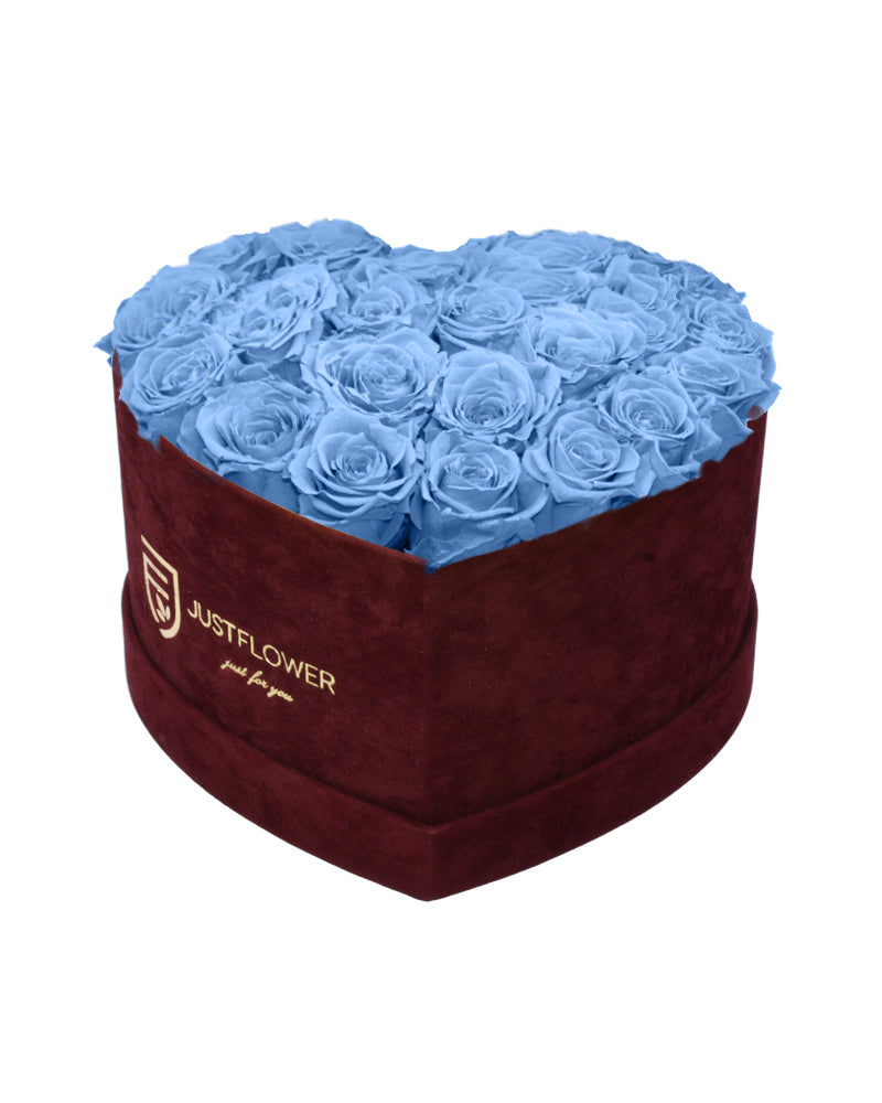 Rosenbox Herz mit Infinity Rosen in Hellblau – Diese elegante Rosenbox Herz enthält konservierte, hellblaue Infinity Rosen, die eine friedliche und frische Atmosphäre ausstrahlen. Ihre ewige Schönheit bleibt für lange Zeit erhalten und ist ideal für besondere Anlässe. Bestellen, verschenken oder kaufen 