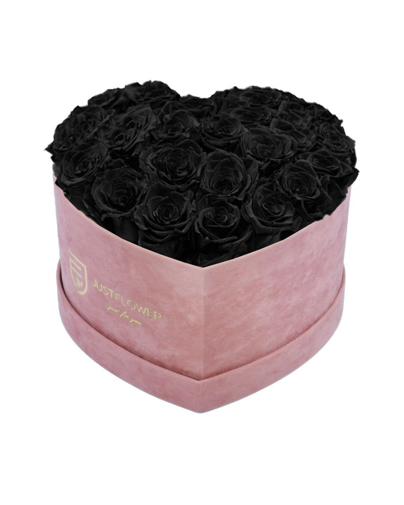 Rosenbox mit Infinity Rosen in Schwarz – Ein elegantes Rosenbox Herz, gefüllt mit konservierten schwarzen Rosen. Die perfekte Wahl für eine mystische, elegante Ausstrahlung. Bestellen Sie Ihr einzigartiges Rosenbox Herz bei JustFlower.ch!