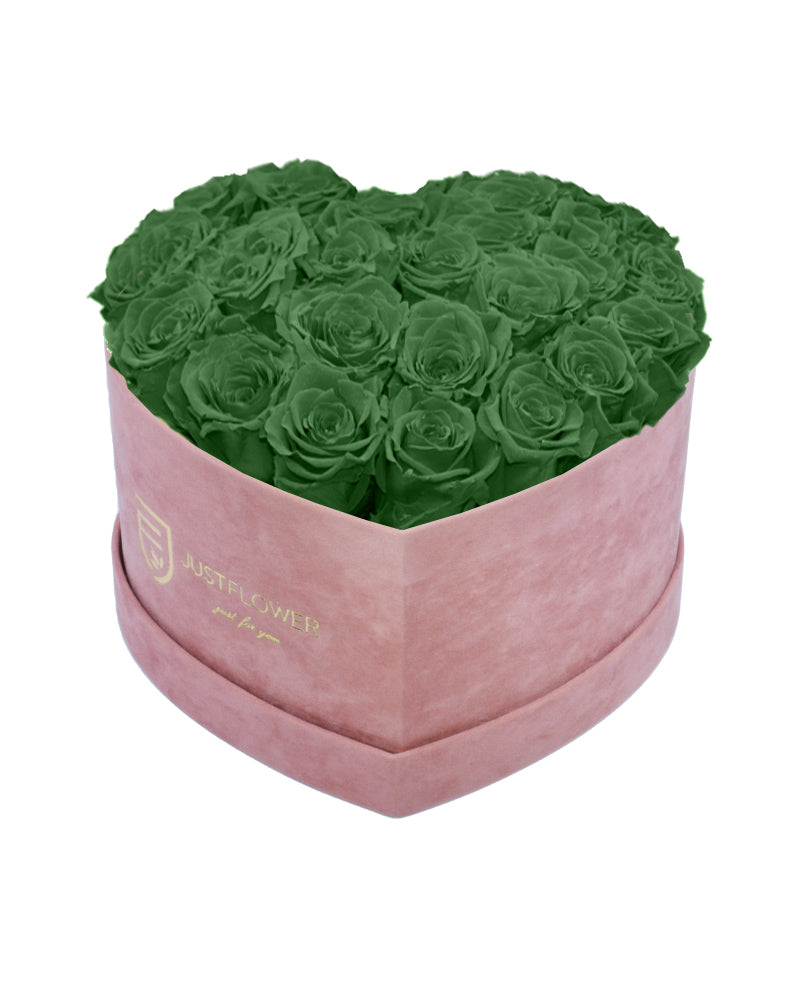 Rosenbox mit Infinity Rosen in Grün – Ein elegantes Rosenbox Herz, gefüllt mit konservierten grünen Rosen. Ideal, um Farbe und Frische zu verleihen. Bestellen Sie noch heute Ihre edle Rosenbox bei JustFlower.ch!