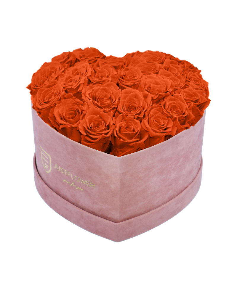 Rosenbox mit Infinity Rosen in Orange – Ein elegantes Rosenbox Herz, gefüllt mit konservierten orangenen Rosen. Perfekt, um Ihre Liebe und Wertschätzung auszudrücken. Bestellen Sie noch heute dieses besondere Geschenk bei JustFlower.ch und überraschen Sie Ihre Liebsten!