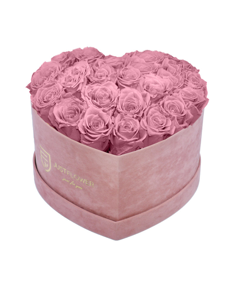 Rosenbox mit Infinity Rosen in Vintage Pink – Ein elegantes Rosenbox Herz aus konservierten Vintage-Pink Rosen, das für Liebe und Anmut steht. Ideal als Geschenk oder für besondere Anlässe. Bestellen, verschenken oder kaufen Sie diese edle Rosenbox bei JustFlower.ch.