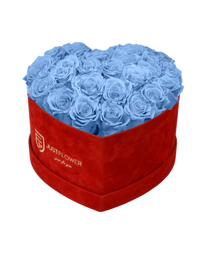 Rosenbox Herz mit Infinity Rosen in Hellblau – Ein elegantes Rosenbox Herz, gefüllt mit konservierten, hellblauen Infinity Rosen, das für Ruhe und Frieden steht. Diese ewigen Rosen bleiben in ihrer atemberaubenden Farbe erhalten und sind das perfekte Geschenk für besondere Momente. Bestellen, verschenken oder kaufen Sie diese exklusive Rosenbox bei JustFlower.ch und verleihen Sie Ihrem Geschenk eine edle Note.