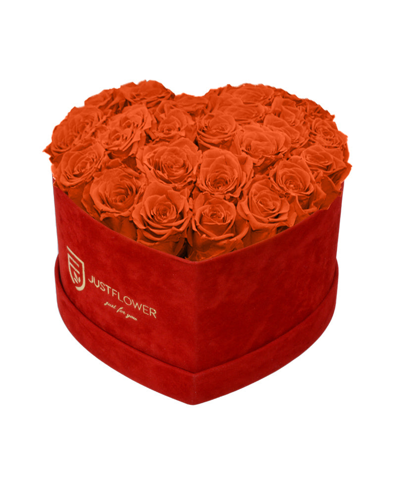 Rosenbox Herz mit Infinity Rosen in Orange – Ein stilvolles Rosenbox Herz aus konservierten orangenen Infinity Rosen, das für Energie, Kreativität und Begeisterung steht. Diese ewigen Rosen behalten ihre Frische und Schönheit, um Ihrem Raum Leben einzuhauchen. Bestellen, verschenken oder kaufen Sie diese elegante Rosenbox bei JustFlower.ch und verleihen Sie besonderen Momenten einen lebendigen Akzent.