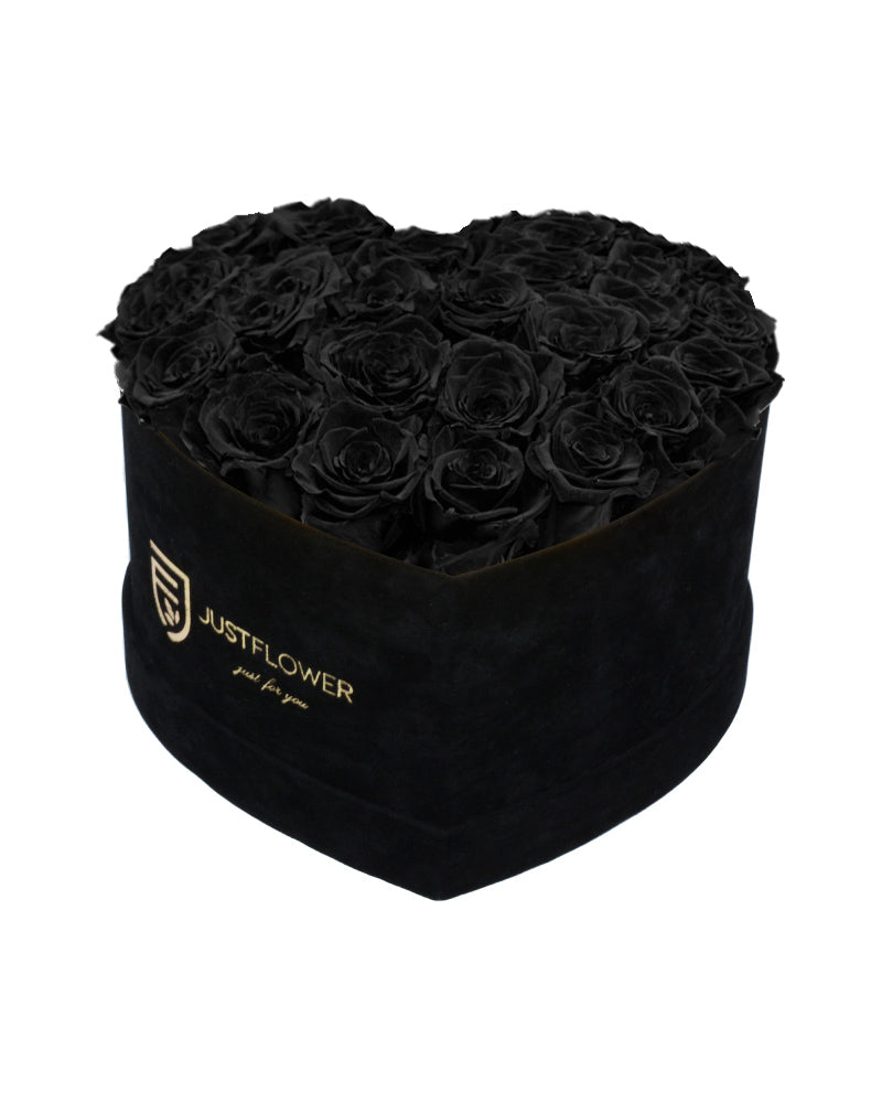 Rosenbox mit Infinity Rosen in Schwarz – Ein elegantes Rosenbox Herz aus konservierten schwarzen Rosen, das für Raffinesse und Mysterium steht. Ideal als Geschenk oder für besondere Anlässe. Bestellen, verschenken oder kaufen Sie diese edle Rosenbox bei JustFlower.ch.