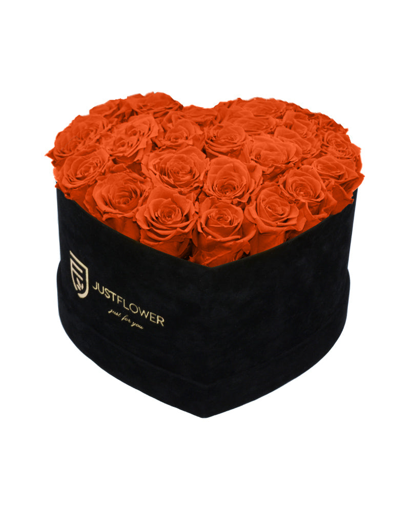 Rosenbox mit Infinity Rosen in Orange – Ein elegantes Rosenbox Herz aus konservierten orangen Rosen, das für Energie und Lebendigkeit steht. Ideal als Geschenk oder für besondere Anlässe. Bestellen, verschenken oder kaufen Sie diese edle Rosenbox bei JustFlower.ch.