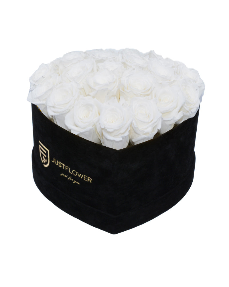 Rosenbox mit Infinity Rosen in Weiß – Ein elegantes Rosenbox Herz, gefüllt mit konservierten weißen Rosen. Perfekt für zeitlose Eleganz und unvergessliche Momente. Bestellen Sie Ihr Rosenbox Herz bei JustFlower.ch!