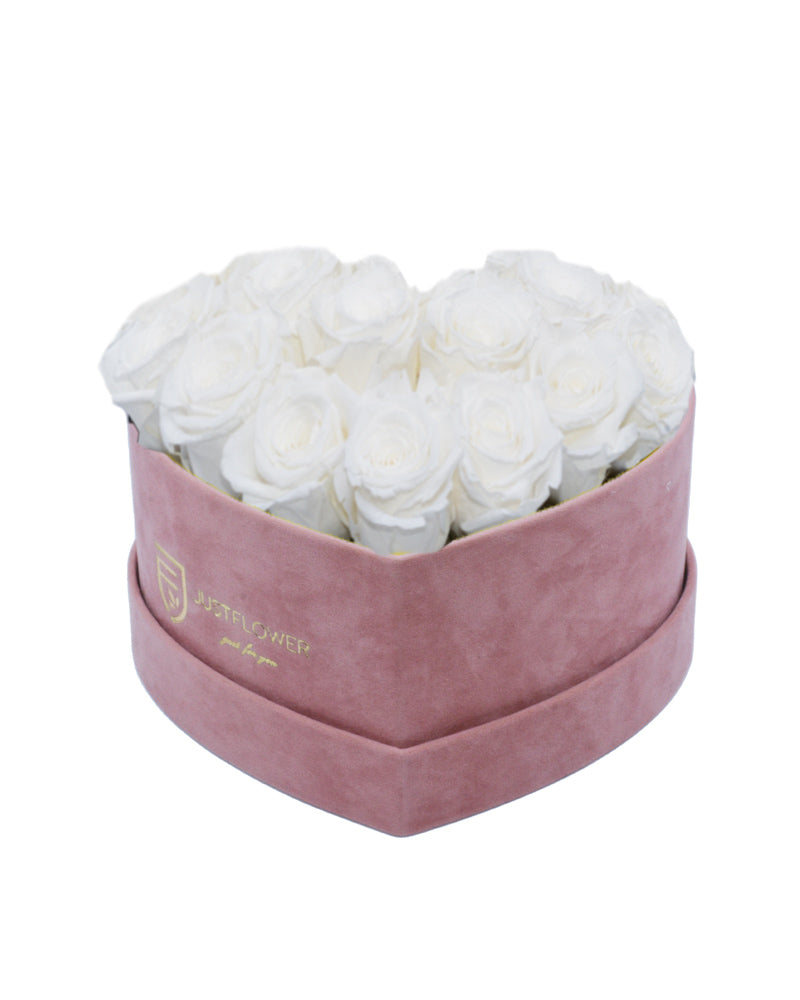 Rosenbox Herz mit weißen Infinity Rosen – Diese elegante Rosenbox Herz ist mit ewigen weißen Rosen gefüllt, die in einem sanften hellrosa Samtbehälter präsentiert werden. Bestellen Sie diese exquisite Rosenbox mit konservierten Rosen bei JustFlower.ch für einen besonderen Anlass.