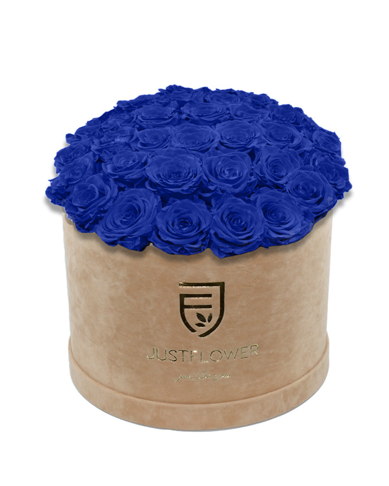 Rosenbox mit dunkelblauen Infinity Rosen – Kaufen Sie diese luxuriöse Rosenbox mit ewigen Rosen bei JustFlower.ch und bringen Sie Farbe in Ihr Zuhause mit konservierten Rosen.