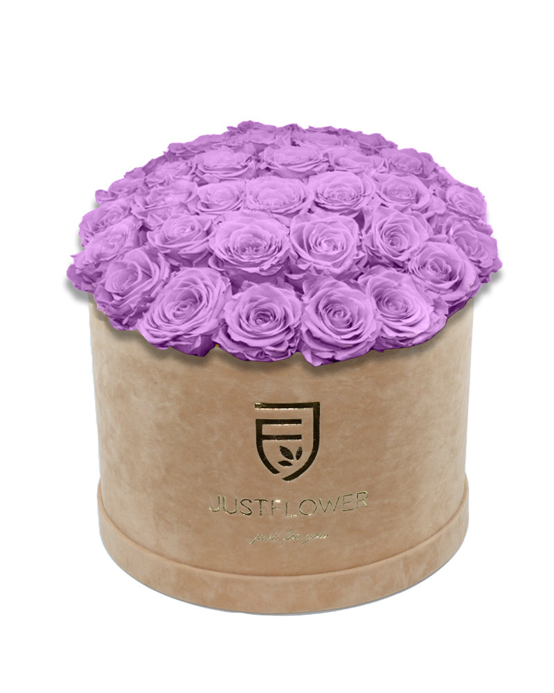 Rosenbox mit lilafarbenen Infinity Rosen – Bestellen Sie diese luxuriöse Infinity Rosenbox mit konservierten lilafarbenen Rosen bei JustFlower.ch und verschönern Sie Ihr Zuhause mit ewiger Schönheit.