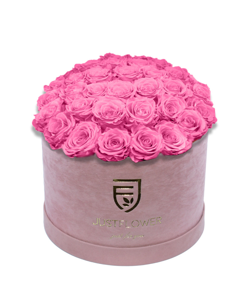 Rosenbox Rund-Deluxe mit rosa konservierten Rosen – Infinity Rosen für langanhaltende Frische, das perfekte Geschenk für besondere Momente. Jetzt bei JustFlower.ch bestellen.