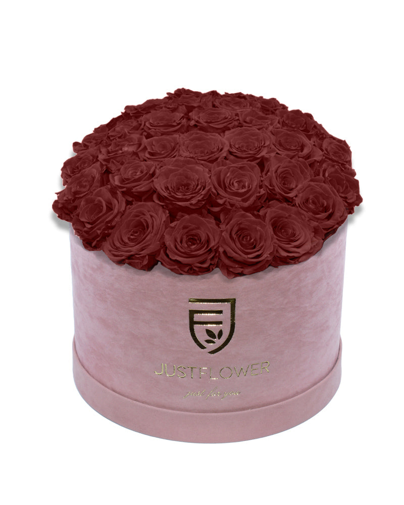 Rosenbox Rund-Deluxe mit burgunderfarbenen ewigen Rosen – Ideal für jede besondere Gelegenheit. Bestellen Sie jetzt bei JustFlower.ch und genießen Sie langanhaltende Frische.